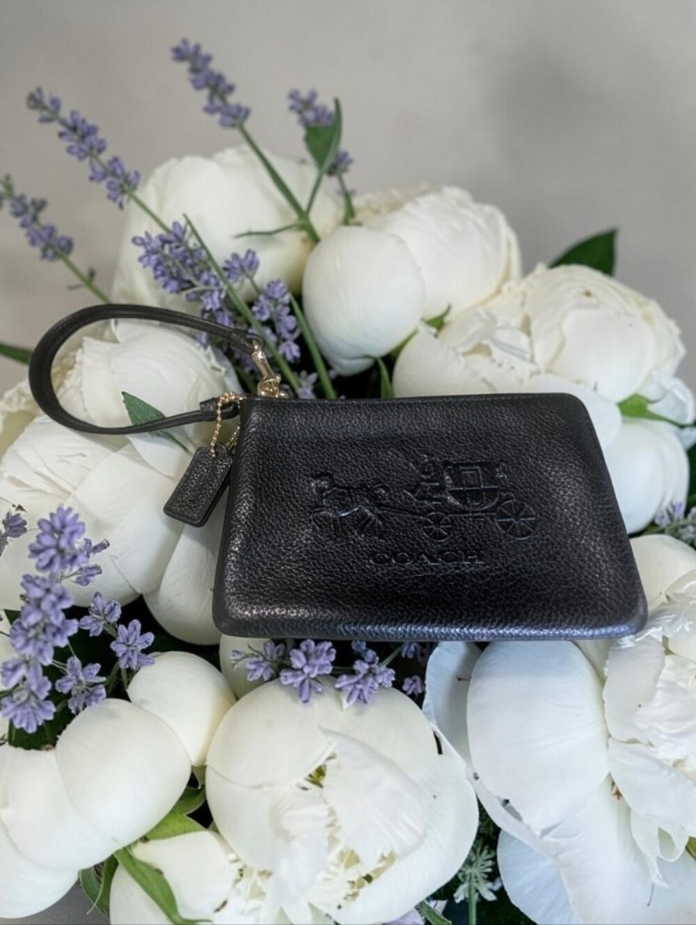 Coach Black Pebbled Leather Wristlet Key & Card Holder